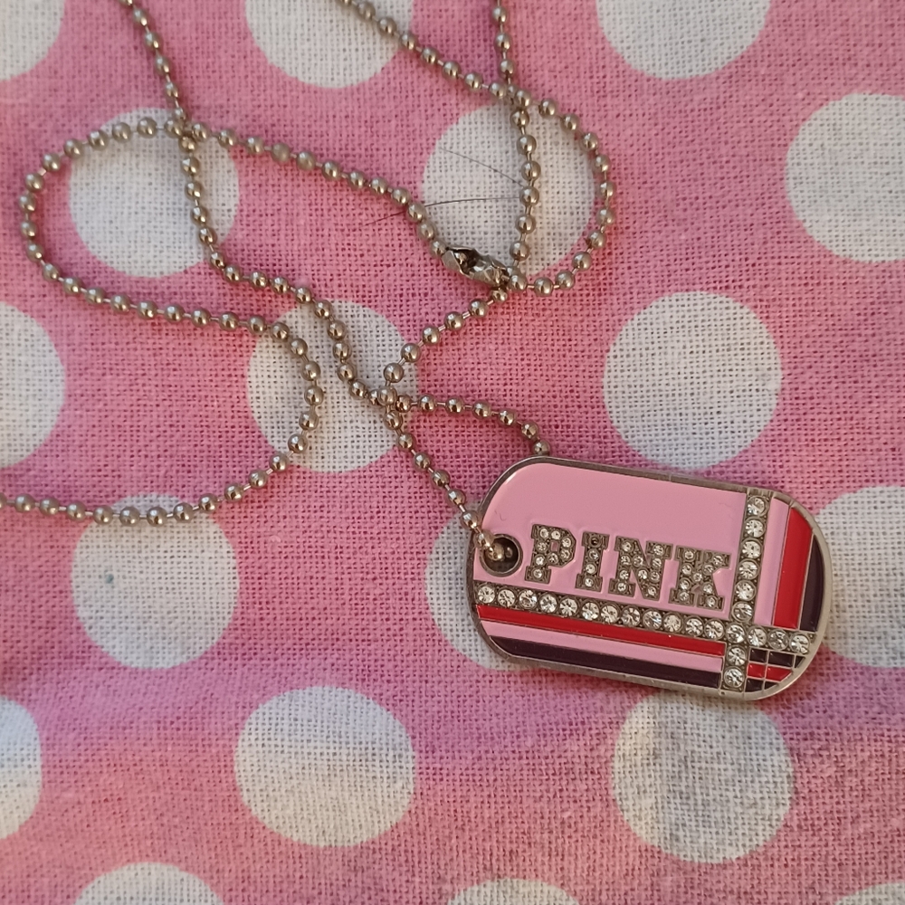 Pink Dog Tag Necklace Bling! Htf! Vintage!